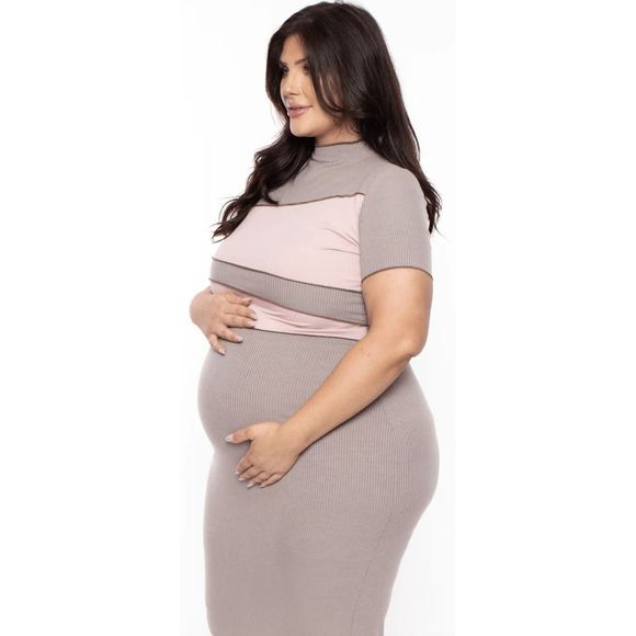 Bump Biddy Plus size maternity karla color block bodycon brown pink maxi dress - Picture 2 of 9